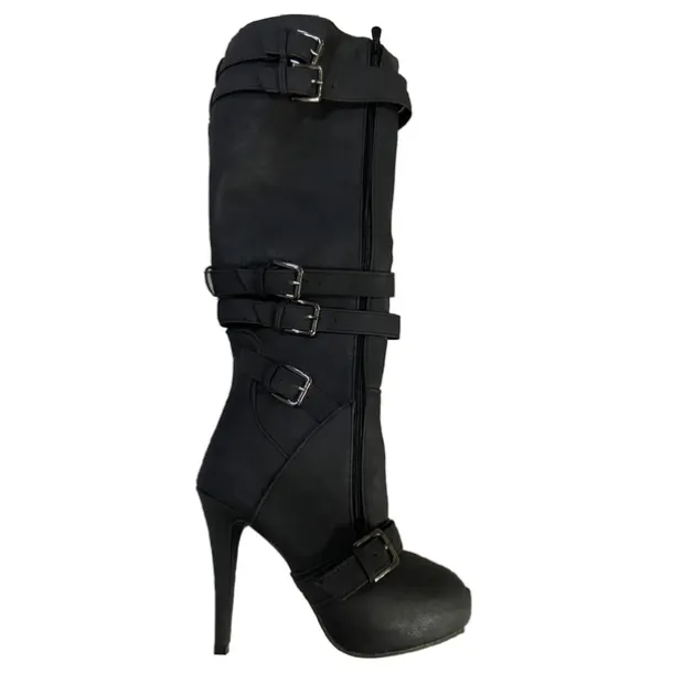 Women's Beige Knee-High Stiletto Boots with Buckle Straps and Side Zipper, Sexy High Heel Boots for Fashionable Night Out