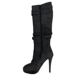 Women's Beige Knee-High Stiletto Boots with Buckle Straps and Side Zipper, Sexy High Heel Boots for Fashionable Night Out