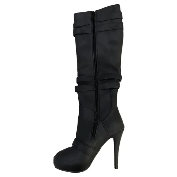 Women's Beige Knee-High Stiletto Boots with Buckle Straps and Side Zipper, Sexy High Heel Boots for Fashionable Night Out