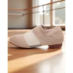 Women's Beige Knit Jazz Shoes with Glitter Detailing - Professional Dance Footwear