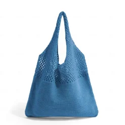 Women's Beige Knitted Tote Bag – Lightweight Mesh Shoulder Bag for Summer Beach, Groceries, and Casual Daily Use