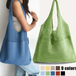 Women's Beige Knitted Tote Bag – Lightweight Mesh Shoulder Bag for Summer Beach, Groceries, and Casual Daily Use