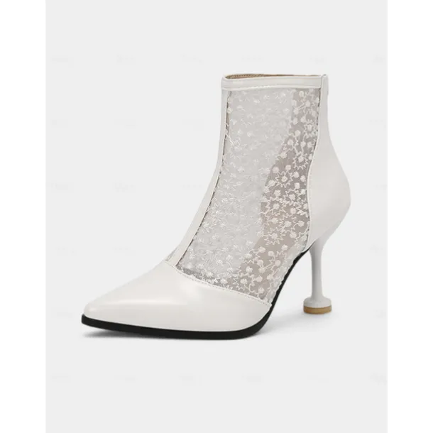 Women's Beige Lace and Faux Leather Heeled Ankle Boots - Elegant Pointed Toe Bridal Boots with Floral Lace for Weddings, Formal Events, and Special Occasions