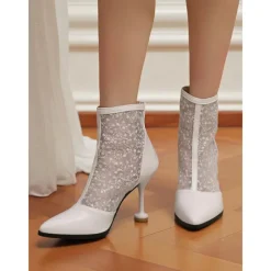 Women's Beige Lace and Faux Leather Heeled Ankle Boots - Elegant Pointed Toe Bridal Boots with Floral Lace for Weddings, Formal Events, and Special Occasions