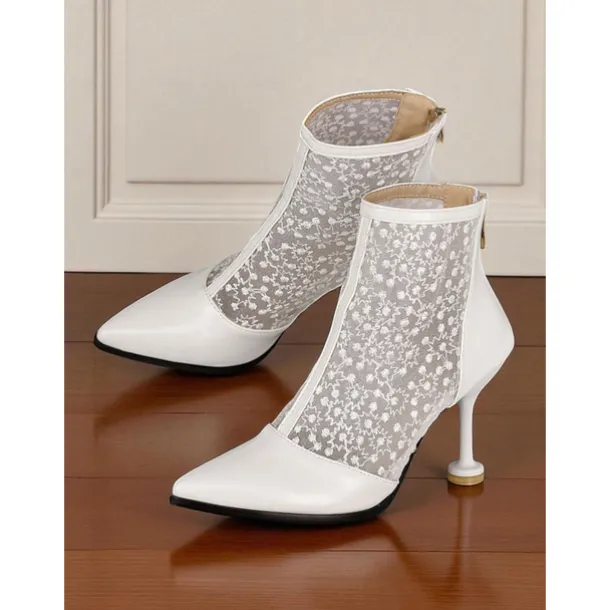 Women's Beige Lace and Faux Leather Heeled Ankle Boots - Elegant Pointed Toe Bridal Boots with Floral Lace for Weddings, Formal Events, and Special Occasions