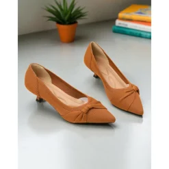 Women's Beige Mesh Pointed Toe Kitten Heels with Bow Detail - Comfortable and Stylish Low Heel Pumps for Casual and Office Wear