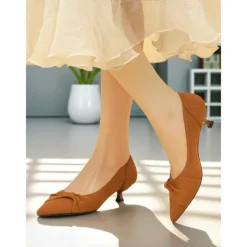 Women's Beige Mesh Pointed Toe Kitten Heels with Bow Detail - Comfortable and Stylish Low Heel Pumps for Casual and Office Wear