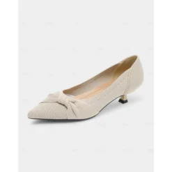 Women's Beige Mesh Pointed Toe Kitten Heels with Bow Detail - Comfortable and Stylish Low Heel Pumps for Casual and Office Wear