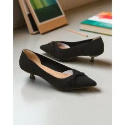 Women's Beige Mesh Pointed Toe Kitten Heels with Bow Detail - Comfortable and Stylish Low Heel Pumps for Casual and Office Wear