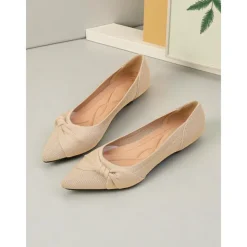 Women's Beige Mesh Pointed Toe Kitten Heels with Bow Detail - Comfortable and Stylish Low Heel Pumps for Casual and Office Wear