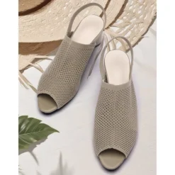 Women's Beige Peep Toe Slingback Heels - Stylish Knitted Block Heel Sandals