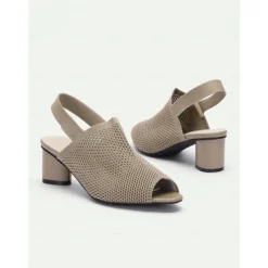 Women's Beige Peep Toe Slingback Heels - Stylish Knitted Block Heel Sandals