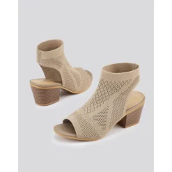 Women's Beige Peep-Toe Knit Ankle Booties with Block Heel, Breathable Summer Sandals for Casual and Office Wear