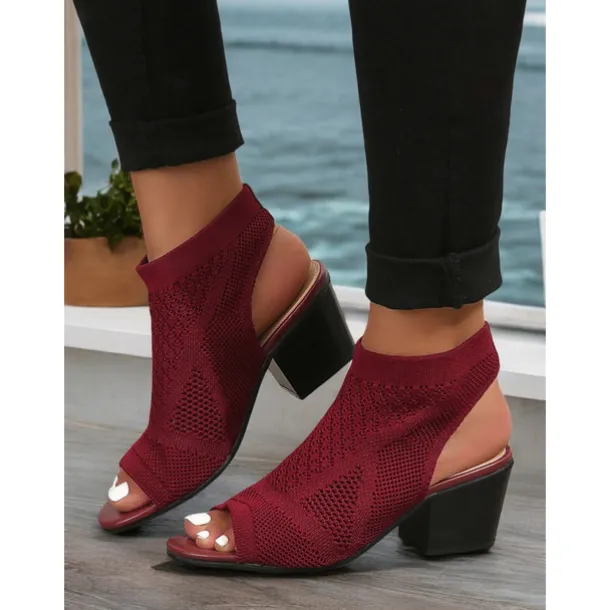 Women's Beige Peep-Toe Knit Ankle Booties with Block Heel, Breathable Summer Sandals for Casual and Office Wear