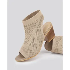 Women's Beige Peep-Toe Knit Ankle Booties with Block Heel, Breathable Summer Sandals for Casual and Office Wear