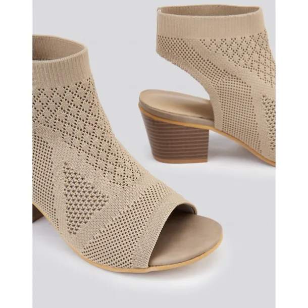 Women's Beige Peep-Toe Knit Ankle Booties with Block Heel, Breathable Summer Sandals for Casual and Office Wear