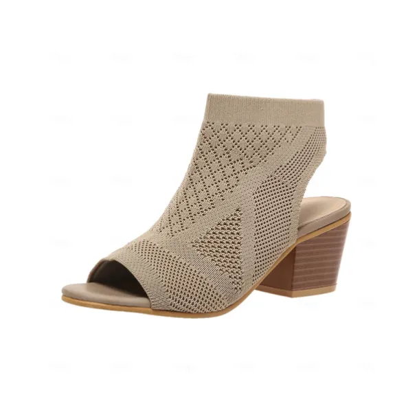 Women's Beige Peep-Toe Knit Ankle Booties with Block Heel, Breathable Summer Sandals for Casual and Office Wear