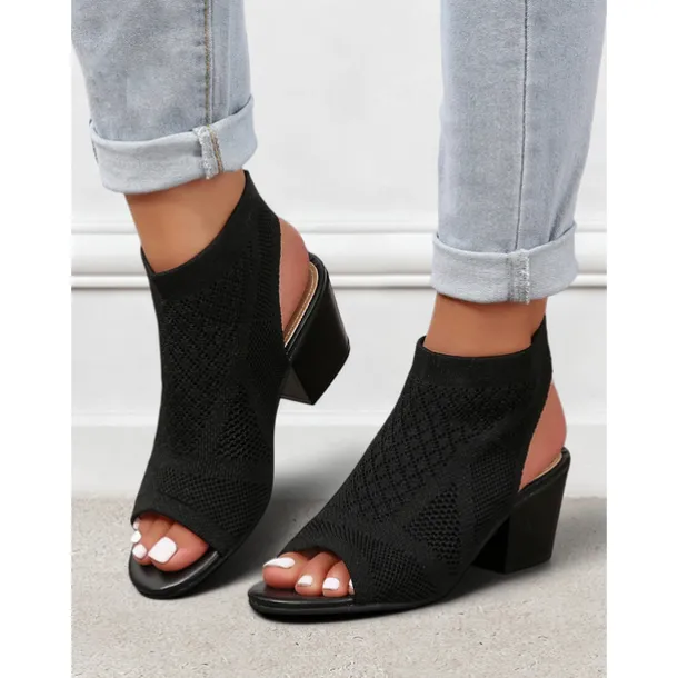 Women's Beige Peep-Toe Knit Ankle Booties with Block Heel, Breathable Summer Sandals for Casual and Office Wear