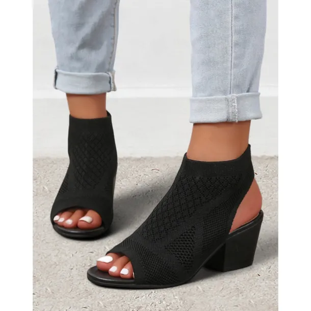 Women's Beige Peep-Toe Knit Ankle Booties with Block Heel, Breathable Summer Sandals for Casual and Office Wear