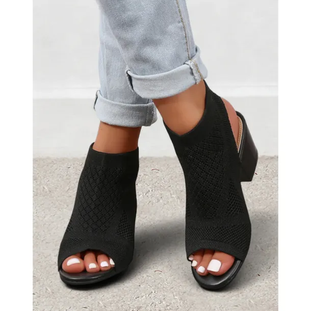 Women's Beige Peep-Toe Knit Ankle Booties with Block Heel, Breathable Summer Sandals for Casual and Office Wear