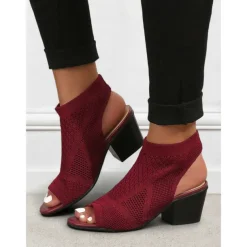 Women's Beige Peep-Toe Knit Ankle Booties with Block Heel, Breathable Summer Sandals for Casual and Office Wear