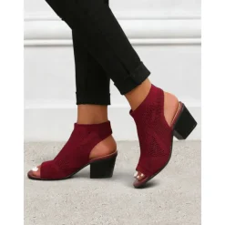 Women's Beige Peep-Toe Knit Ankle Booties with Block Heel, Breathable Summer Sandals for Casual and Office Wear