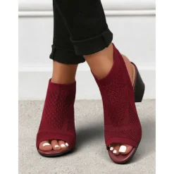 Women's Beige Peep-Toe Knit Ankle Booties with Block Heel, Breathable Summer Sandals for Casual and Office Wear