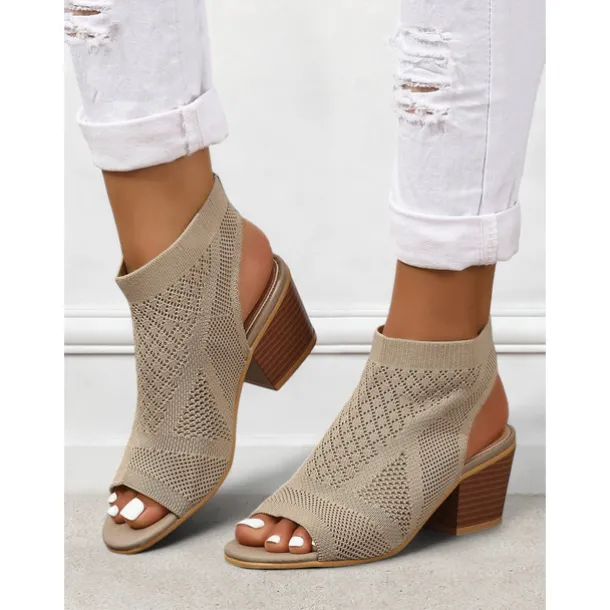Women's Beige Peep-Toe Knit Ankle Booties with Block Heel, Breathable Summer Sandals for Casual and Office Wear