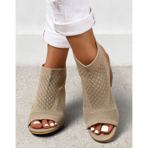 Women's Beige Peep-Toe Knit Ankle Booties with Block Heel, Breathable Summer Sandals for Casual and Office Wear
