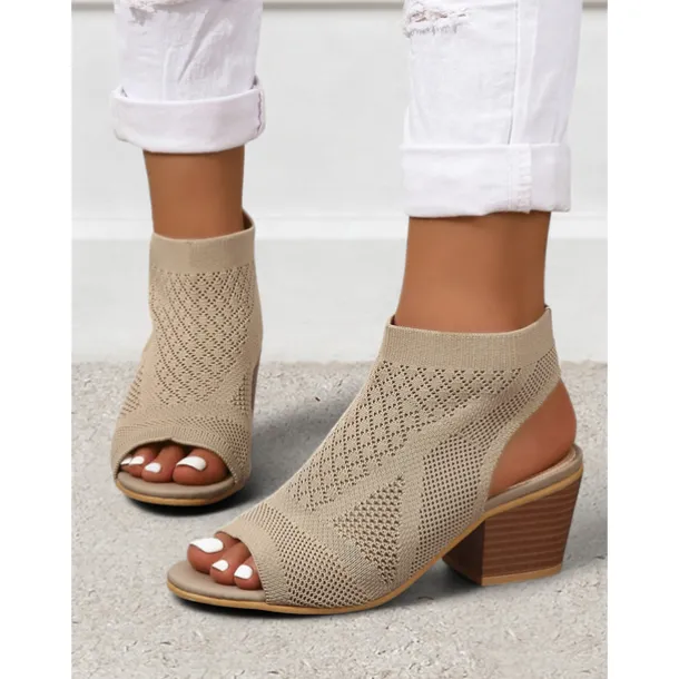 Women's Beige Peep-Toe Knit Ankle Booties with Block Heel, Breathable Summer Sandals for Casual and Office Wear