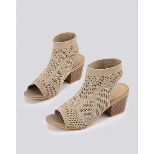 Women's Beige Peep-Toe Knit Ankle Booties with Block Heel, Breathable Summer Sandals for Casual and Office Wear