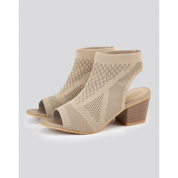Women's Beige Peep-Toe Knit Ankle Booties with Block Heel, Breathable Summer Sandals for Casual and Office Wear