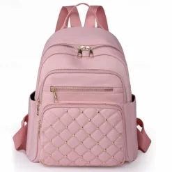 Women's Beige Quilted Backpack with Gold Studs – Stylish Oxford Cloth School Bag for Travel, Work & Daily Use