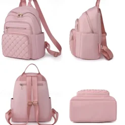 Women's Beige Quilted Backpack with Gold Studs – Stylish Oxford Cloth School Bag for Travel, Work & Daily Use