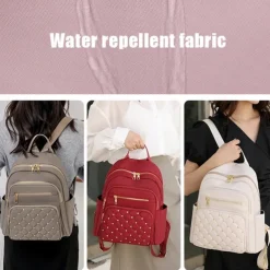 Women's Beige Quilted Backpack with Gold Studs – Stylish Oxford Cloth School Bag for Travel, Work & Daily Use