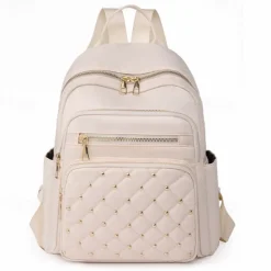 Women's Beige Quilted Backpack with Gold Studs – Stylish Oxford Cloth School Bag for Travel, Work & Daily Use