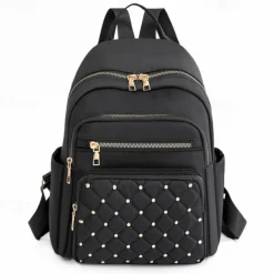 Women's Beige Quilted Backpack with Gold Studs – Stylish Oxford Cloth School Bag for Travel, Work & Daily Use