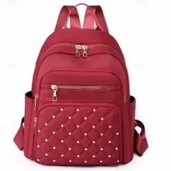 Women's Beige Quilted Backpack with Gold Studs – Stylish Oxford Cloth School Bag for Travel, Work & Daily Use