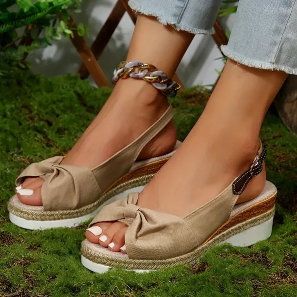 Women's Beige Slingback Espadrille Sandals with Bow Detail – Casual Summer Open-Toe Wedge Sandals