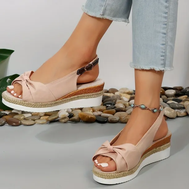 Women's Beige Slingback Espadrille Sandals with Bow Detail – Casual Summer Open-Toe Wedge Sandals