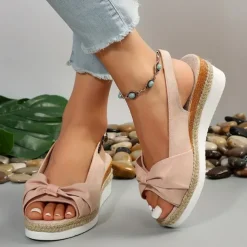 Women's Beige Slingback Espadrille Sandals with Bow Detail – Casual Summer Open-Toe Wedge Sandals