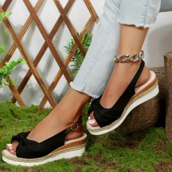 Women's Beige Slingback Espadrille Sandals with Bow Detail – Casual Summer Open-Toe Wedge Sandals