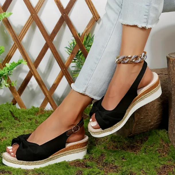 Women's Beige Slingback Espadrille Sandals with Bow Detail – Casual Summer Open-Toe Wedge Sandals