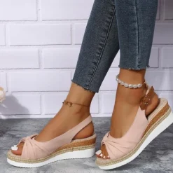 Women's Beige Slingback Espadrille Sandals with Bow Detail – Casual Summer Open-Toe Wedge Sandals