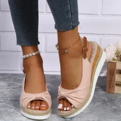 Women's Beige Slingback Espadrille Sandals with Bow Detail – Casual Summer Open-Toe Wedge Sandals