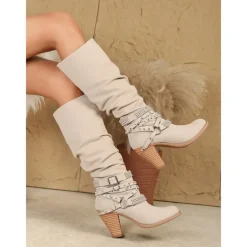 Women's Beige Slouchy Knee-High Boots with Buckle and Stud Accents, Vintage Western Style for Fall and Winter Casual Wear