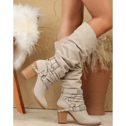 Women's Beige Slouchy Knee-High Boots with Buckle and Stud Accents, Vintage Western Style for Fall and Winter Casual Wear