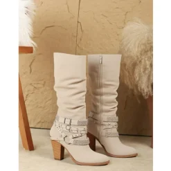 Women's Beige Slouchy Knee-High Boots with Buckle and Stud Accents, Vintage Western Style for Fall and Winter Casual Wear