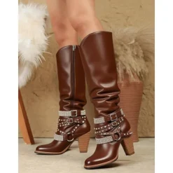 Women's Beige Slouchy Knee-High Boots with Buckle and Stud Accents, Vintage Western Style for Fall and Winter Casual Wear