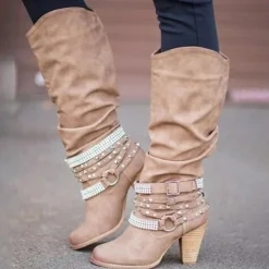 Women's Beige Slouchy Knee-High Boots with Buckle and Stud Accents, Vintage Western Style for Fall and Winter Casual Wear